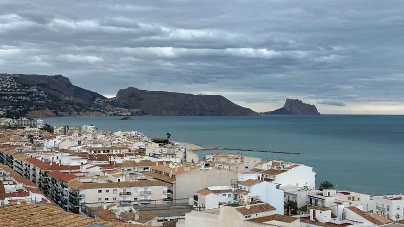 The white village of Altea and its blue dome, above the Mediterranean.