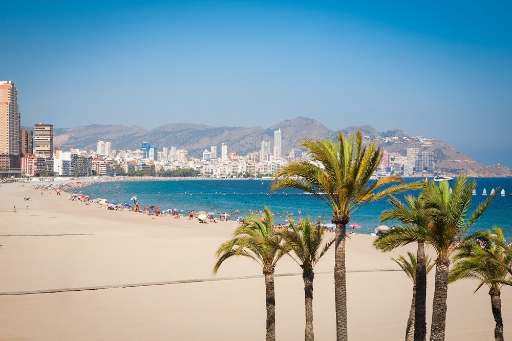 Benidorm beach and its skyline of towers at the back of the bay