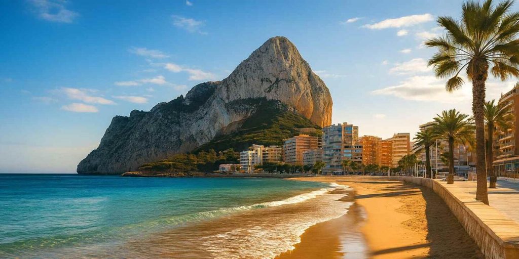 The Peñón de Ifach towering over Calpe beach in golden light