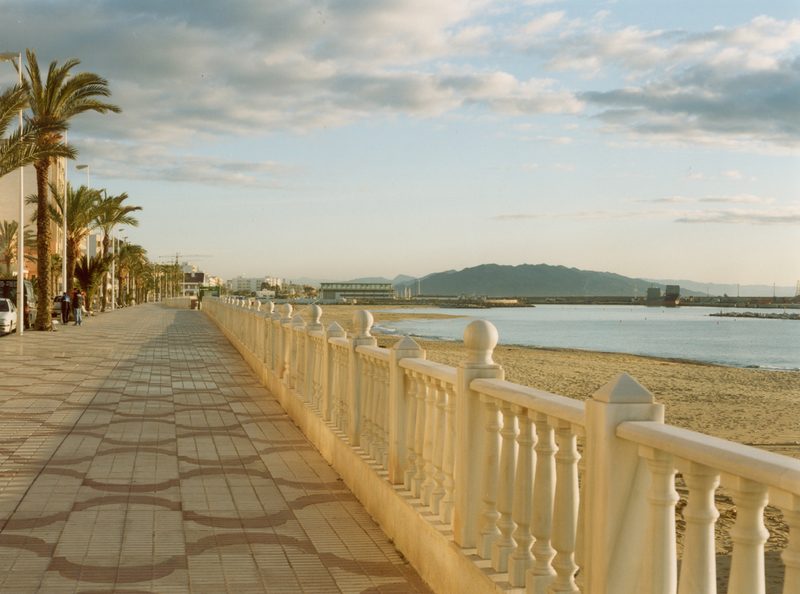 The Garrucha promenade and its white balustrade at sunset