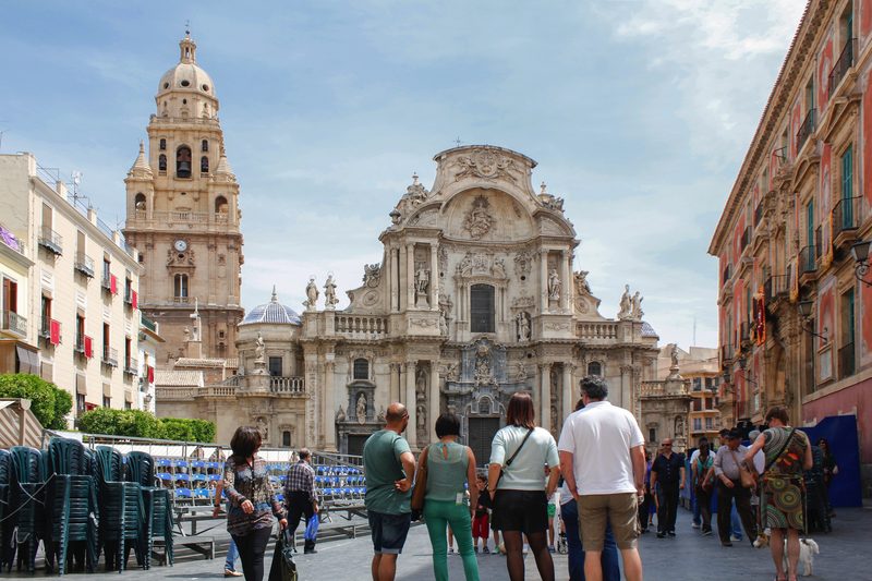 The baroque façade of Murcia Cathedral, on the Plaza Cardenal Belluga