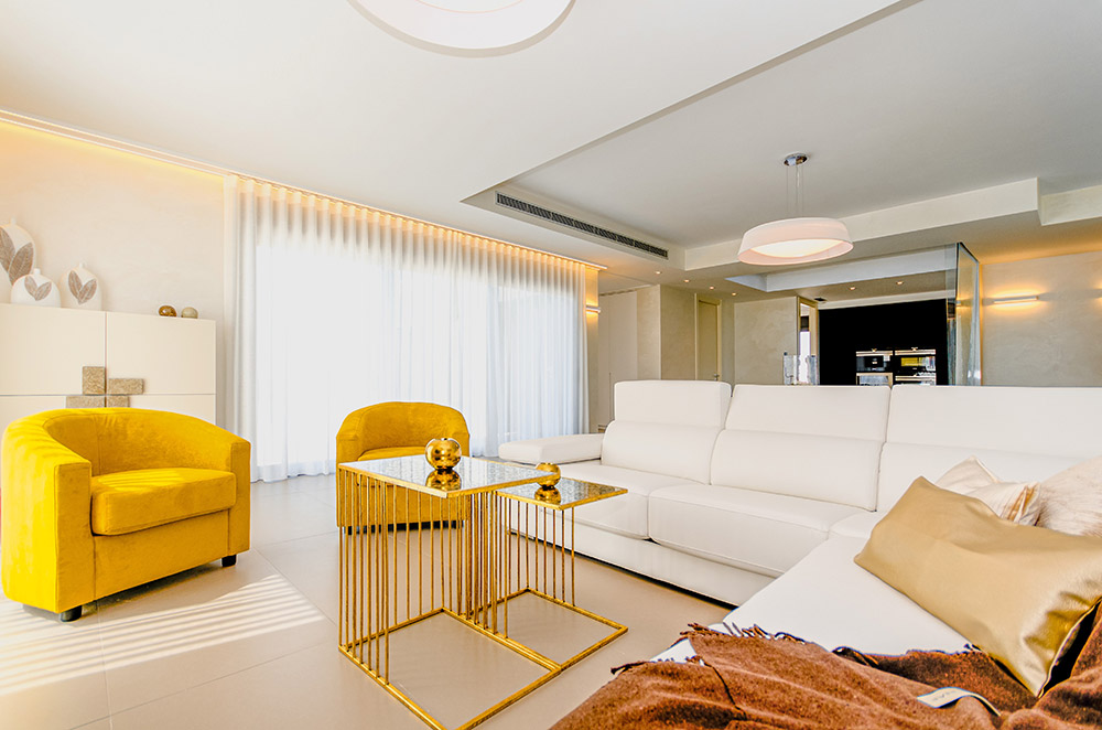 bright yellow white living room